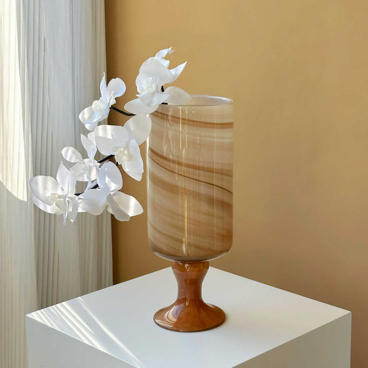 Tall Swirled Glass Pedestal Centerpiece Vase with Marble Effect