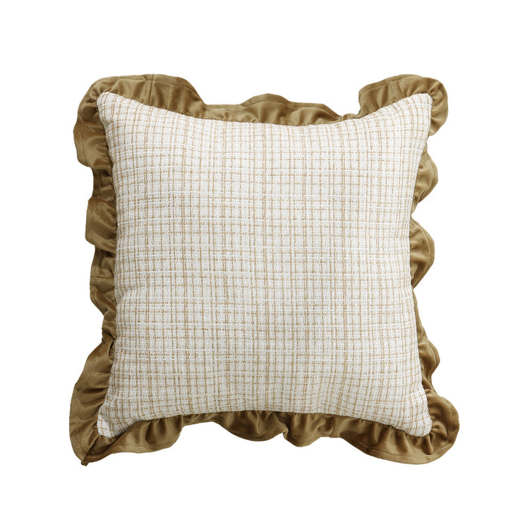 Decorative cushion with woven bouclé structure and velvet ruffled edge