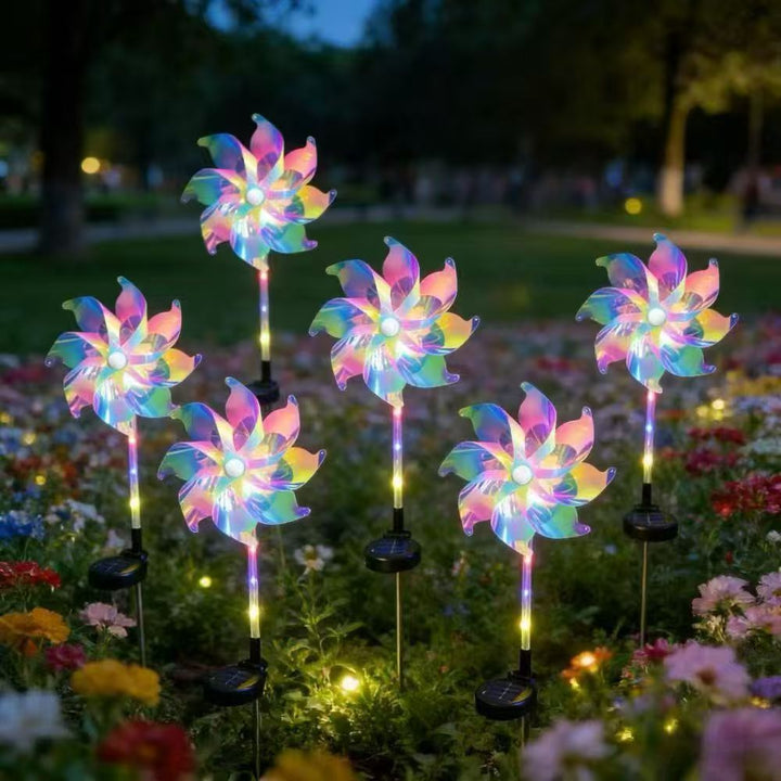 Solar-powered LED iridescent flower windmill garden stake