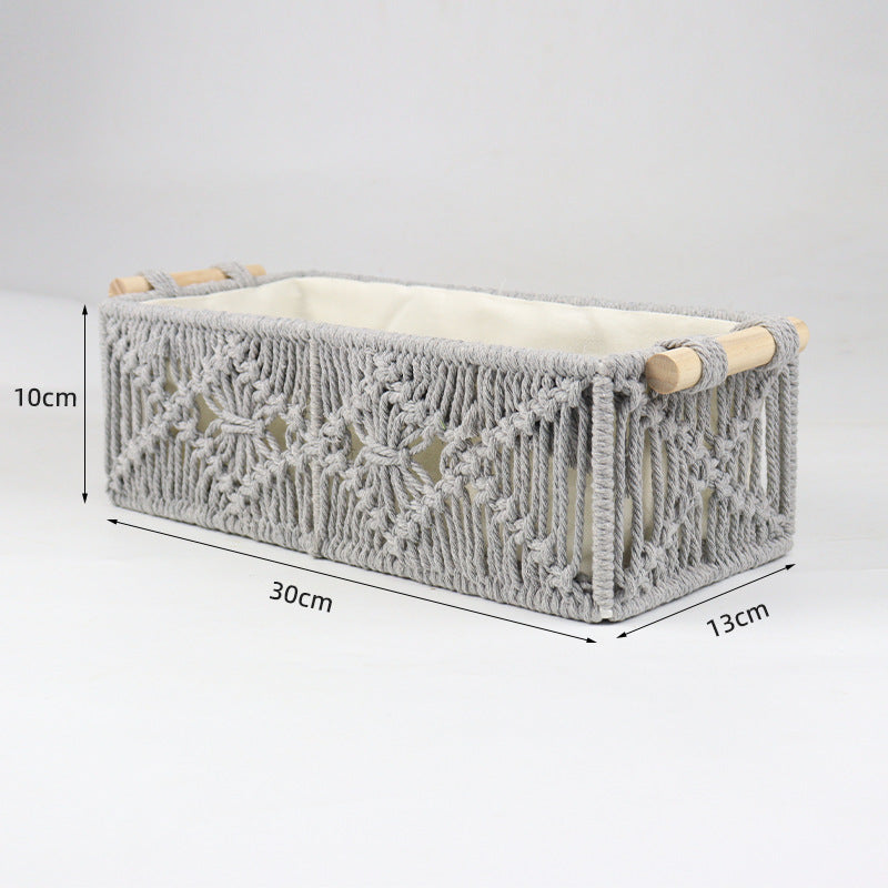 Storage basket with macrame pattern