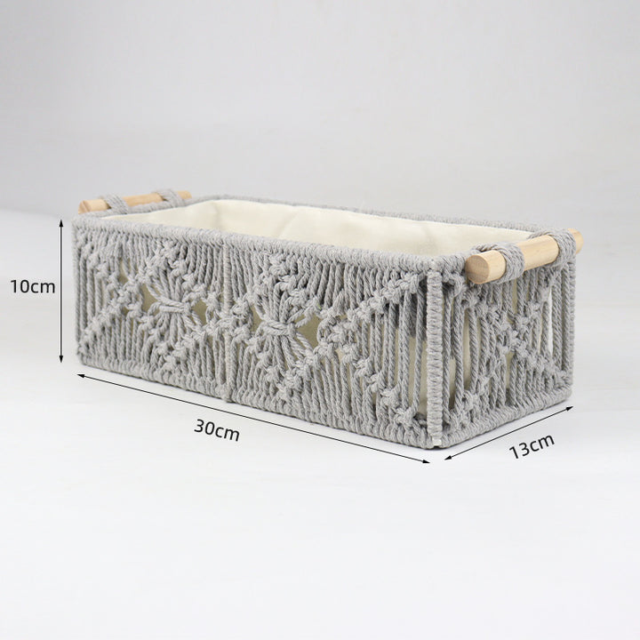 Storage basket with macrame pattern