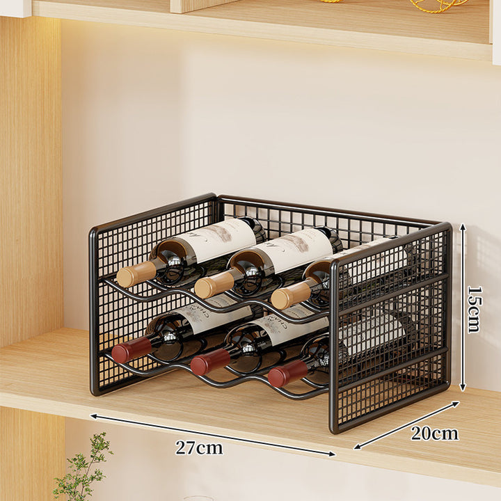 Countertop Metal Wine Bottle Rack Mesh Organizer with Stackable Grid Sides and Curved Bottle Cradles