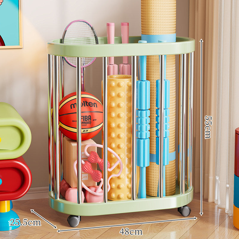 Vertical Rolling Sports Gear Storage Organizer with Cylindrical Metal Bar Frame and Casters