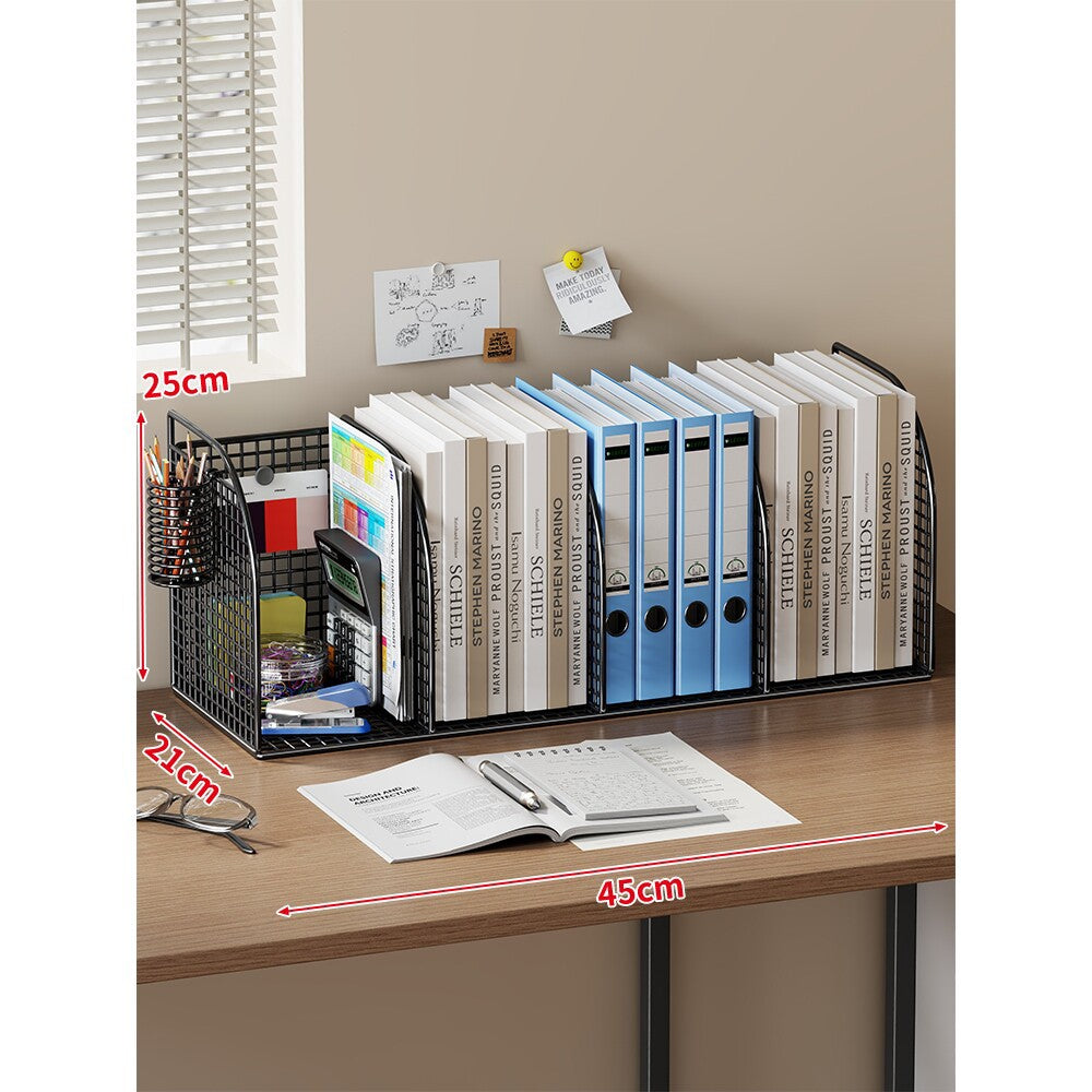 Extra-Wide Modular Metal Desk File Organizer with Adjustable Dividers and Integrated Pen Cup