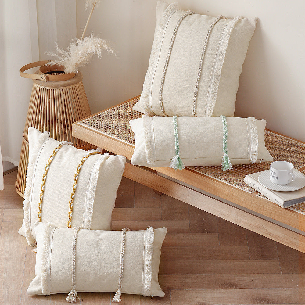 Decorative rectangular cotton cushion cover with woven trims and fringes
