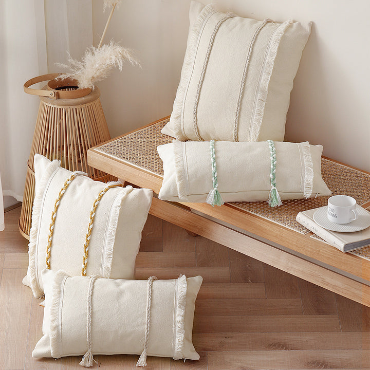 Decorative rectangular cotton cushion cover with woven trims and fringes