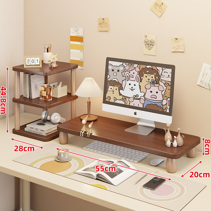 Low-Profile Ergonomic Wooden Desktop Monitor Lift with Under-Shelf Keyboard Storage