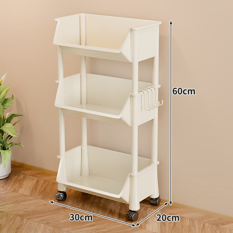 Slim Multi-Tier Rolling Plastic Storage Cart with Deep Tilt Bins and Side Hooks