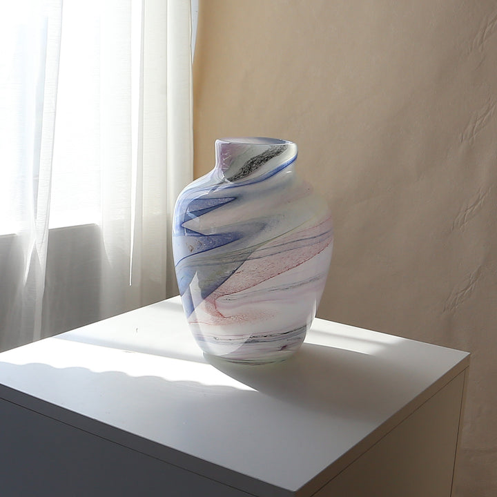 Handblown Pastel Swirl Sculptural Vase with Ruffled Lip