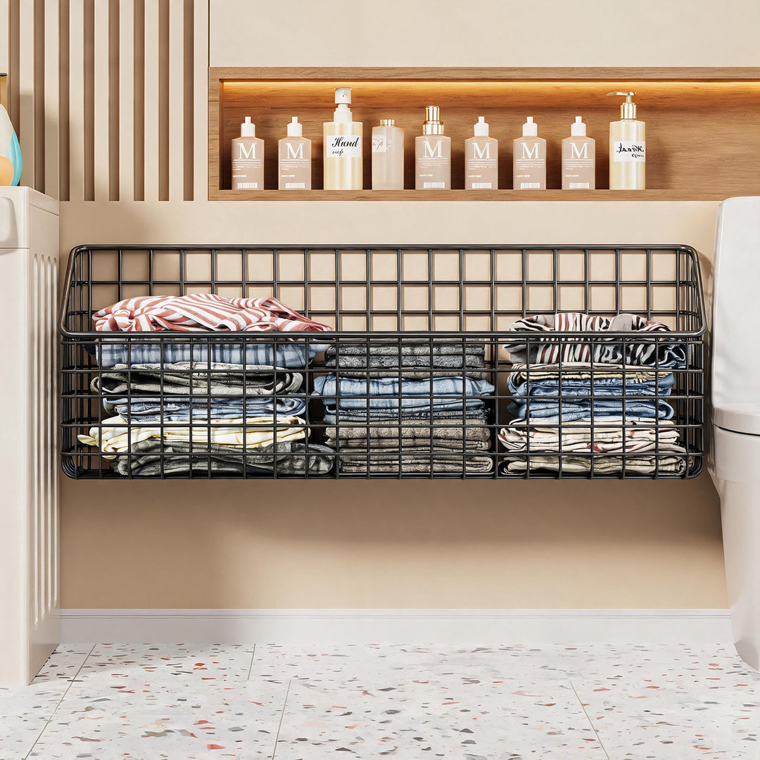 Wall-Mounted Open-Front Wire Storage Basket for Folded Laundry & Towels