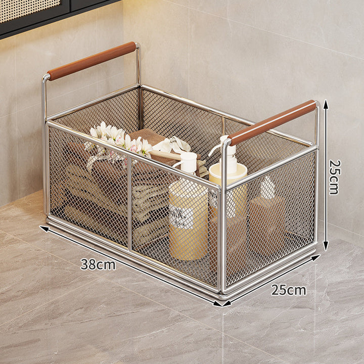 Rectangular Metal Mesh Countertop Storage Basket with Wooden Carry Handles