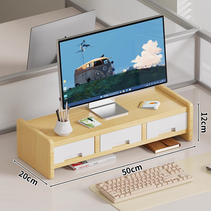 Solid Wood Monitor Riser and Desk Organizer with Dual-Level Shelf and Cable Management