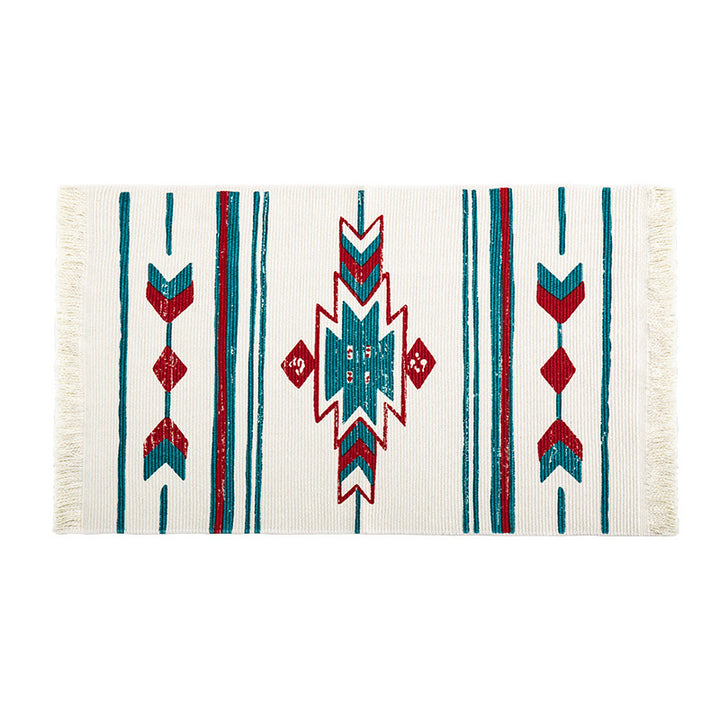 Flat-woven runner rug in ethnic stripe design with hand-fringed edge