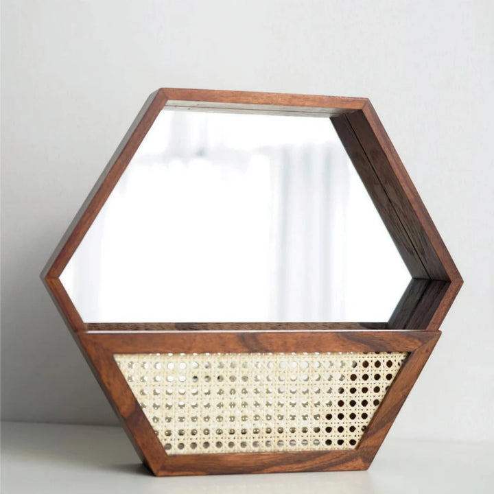 Rustic wall mirror with natural rattan frame