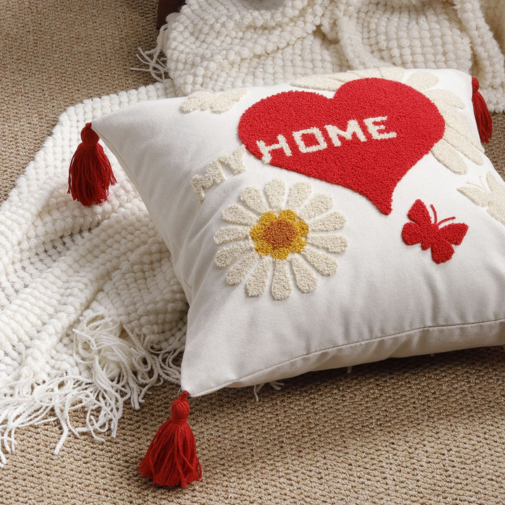 Square Decorative Pillow Cover with Fuzzy Heart Appliqué and Tassel Corners