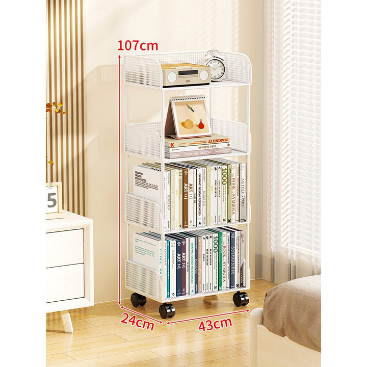 Narrow Mesh Mobile Bookcase with Deep Wire Baskets and Locking Swivel Casters