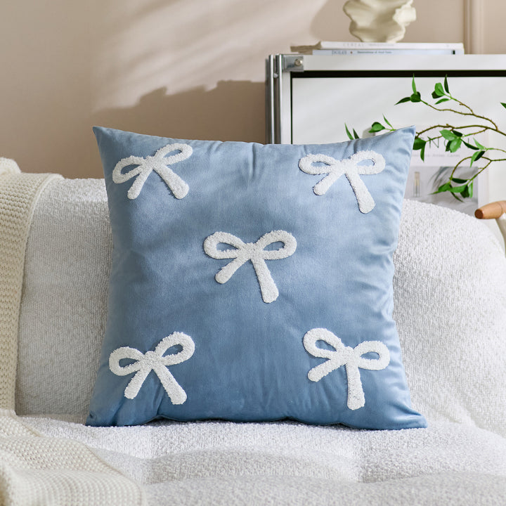Embroidered Bouclé Bow Velvet Square Throw Pillow Cover