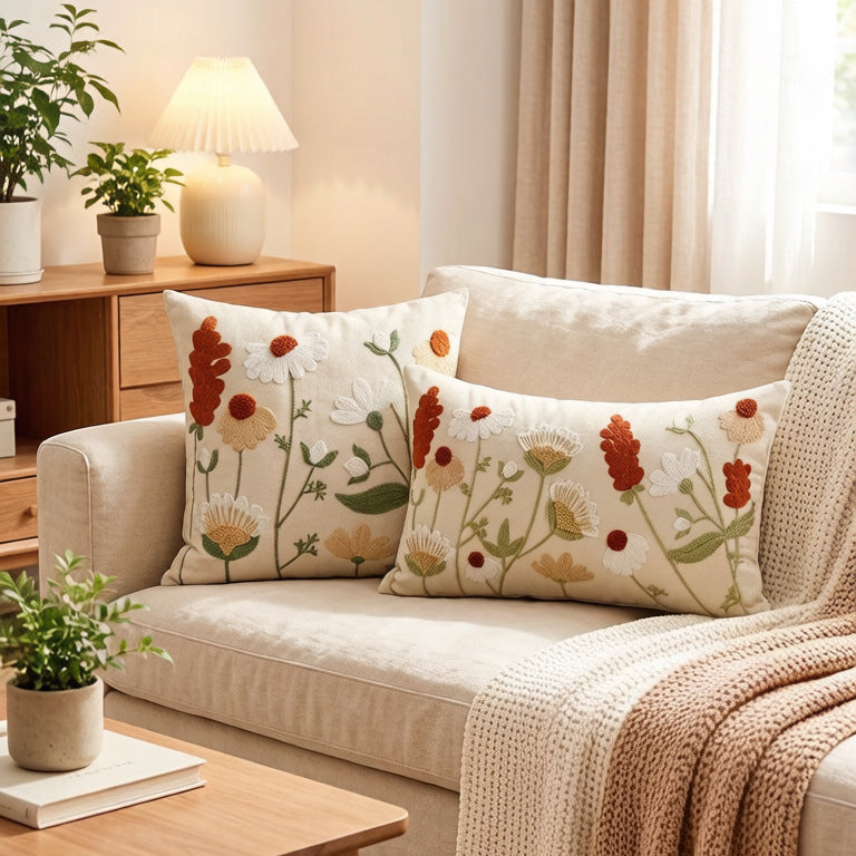 Hand-Embroidered Meadow Floral Accent Pillow Covers Set with Hidden Zipper