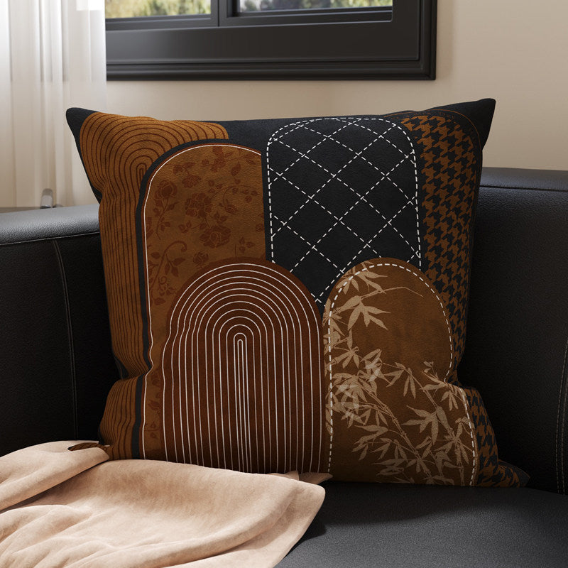 Decorative Square Velvet Throw Pillow Cover with Patchwork Quilted Stitch & Botanical Geometric Panels