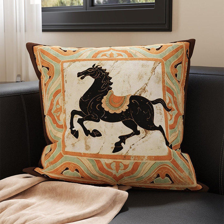 Embroidered Medallion Horse Velvet-Texture Decorative Throw Pillow Cover with Hidden Zipper
