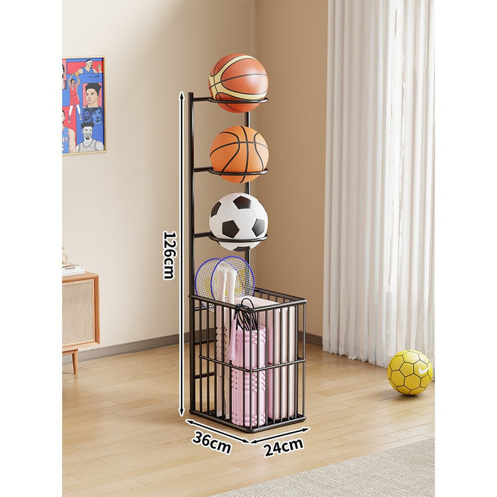 Vertical Rolling Sports Ball Organizer with Multi-Tier Cradles and Bottom Storage Basket