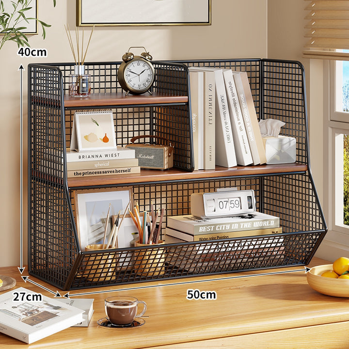 Multi-Tier Metal Mesh Desktop Organizer Shelf with Angled Front Basket