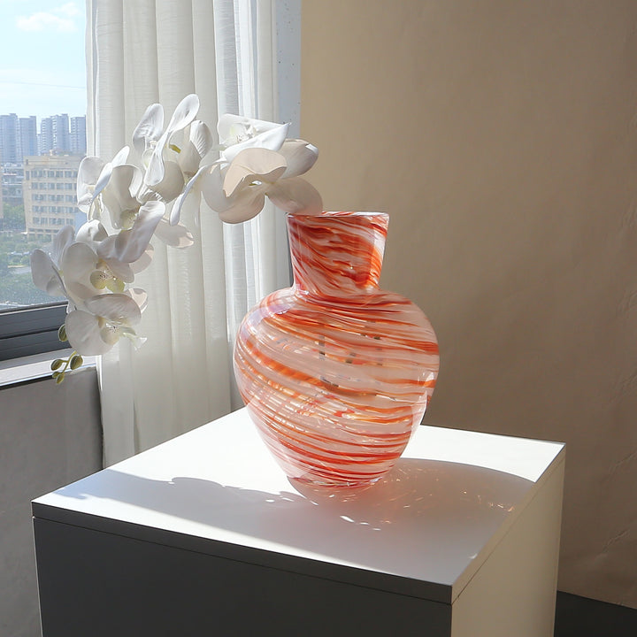 Hand-Blown Swirl-Textured Bulbous Glass Decorative Vase