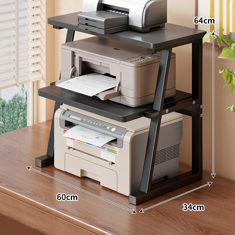 Adjustable Two-Tier Wood-Top Metal-Frame Desktop Printer Stand with Cable Management