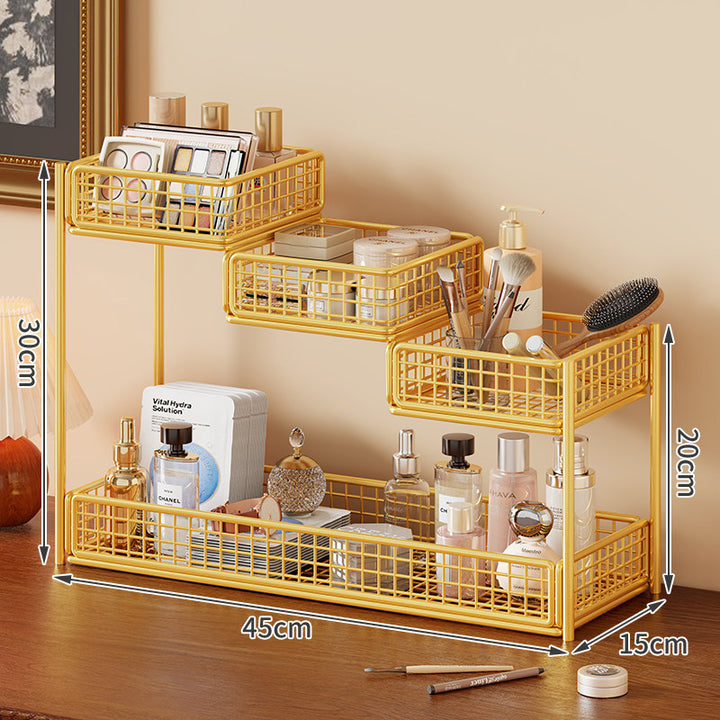 Multi-Level Metal Mesh Countertop Cosmetic & Vanity Organizer with Integrated Tissue Holder and Removable Baskets