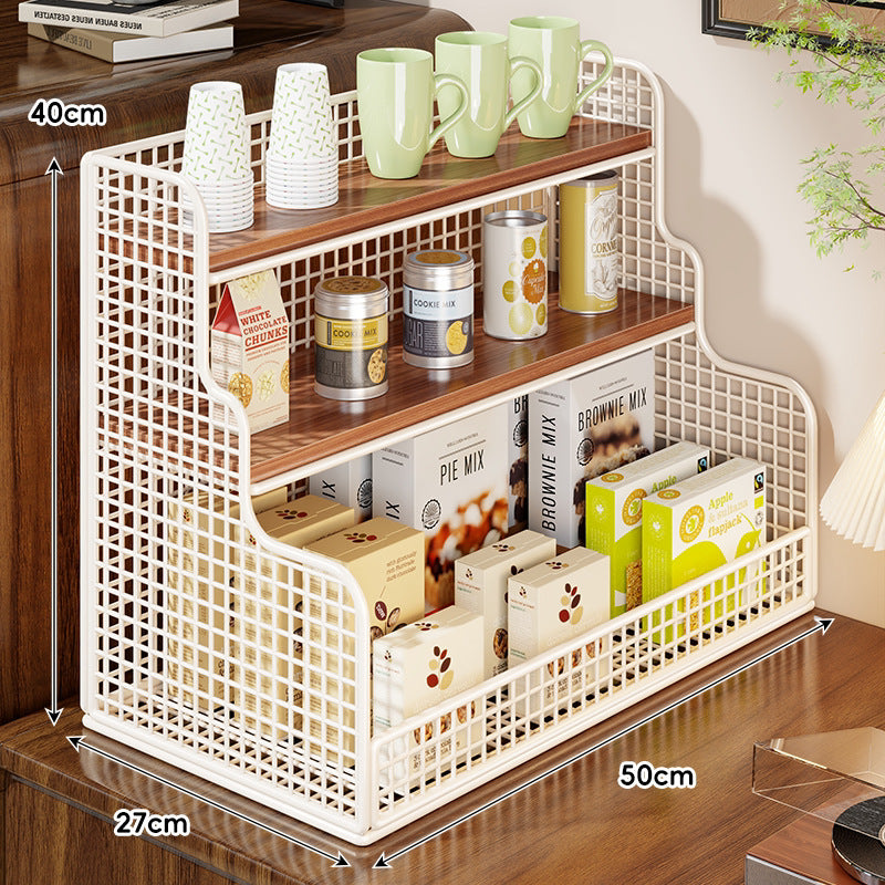 Multi-Tier Mesh Metal and Bamboo Countertop Pantry Organizer Shelf