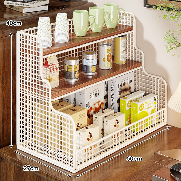 Multi-Tier Mesh Metal and Bamboo Countertop Pantry Organizer Shelf