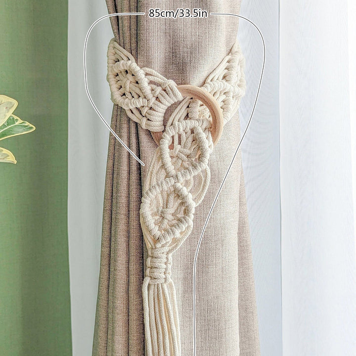 Macrame Curtain Tieback with Wooden Ring