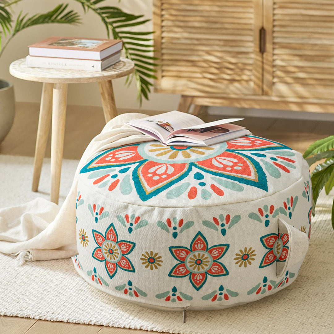 Seat pouf floor cushion with mandala design and carrying handle