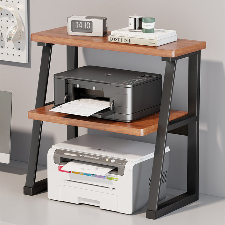 Adjustable Two-Tier Wood-Top Metal-Frame Desktop Printer Stand with Cable Management