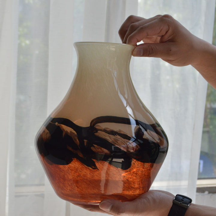 Contemporary Bulbous Mouth-Blown Glass Accent Vase with Marbled Swirl