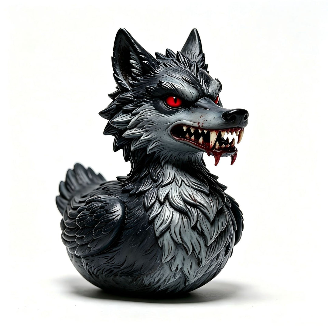 Creepy rubber duck with wolf design