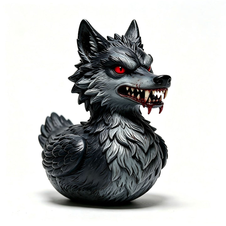 Creepy rubber duck with wolf design