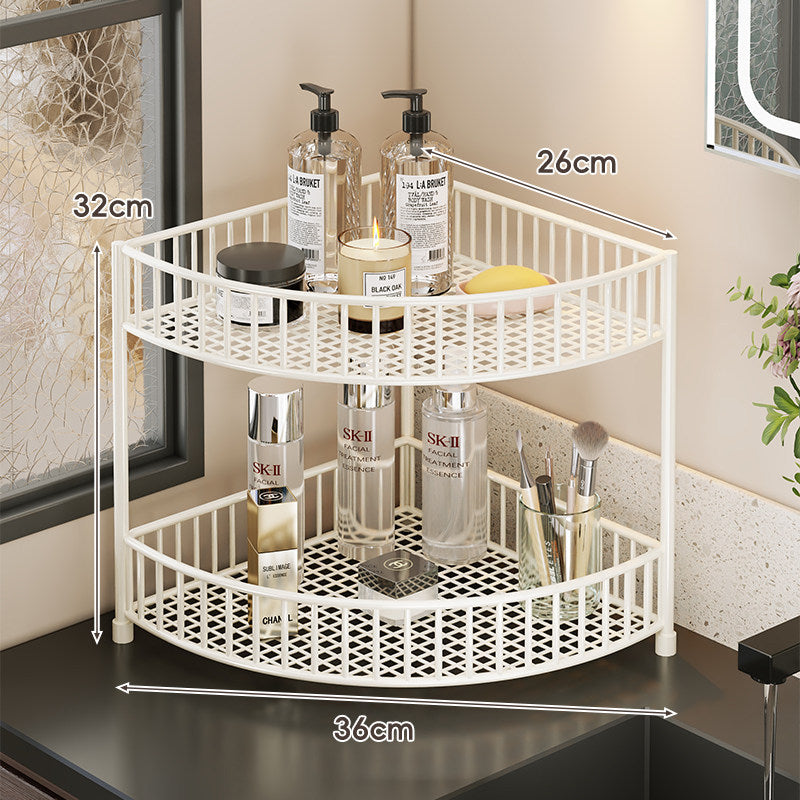 Two-Tier Corner Mesh Metal Bathroom Countertop Organizer Shelf with Raised Guard Rails