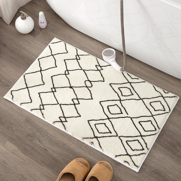 Soft high-pile bath mat rug with Berber-inspired diamond pattern