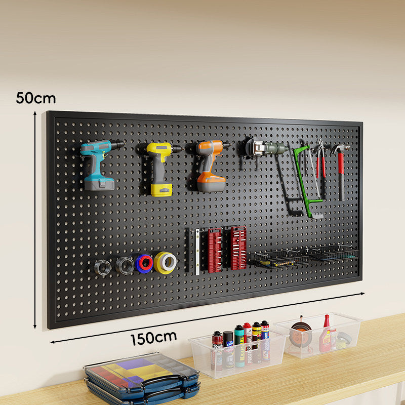 Wall-Mounted Perforated Metal Tool Pegboard Organizer Panel with Modular Hooks and Wire Baskets