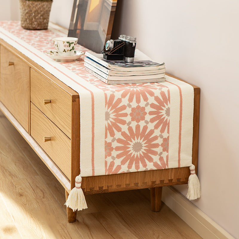 Handwoven decorative table runner with Ikat jacquard and tassels