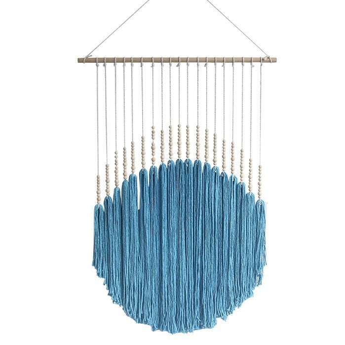 Decorative wall art with wooden beads and thread pendulum