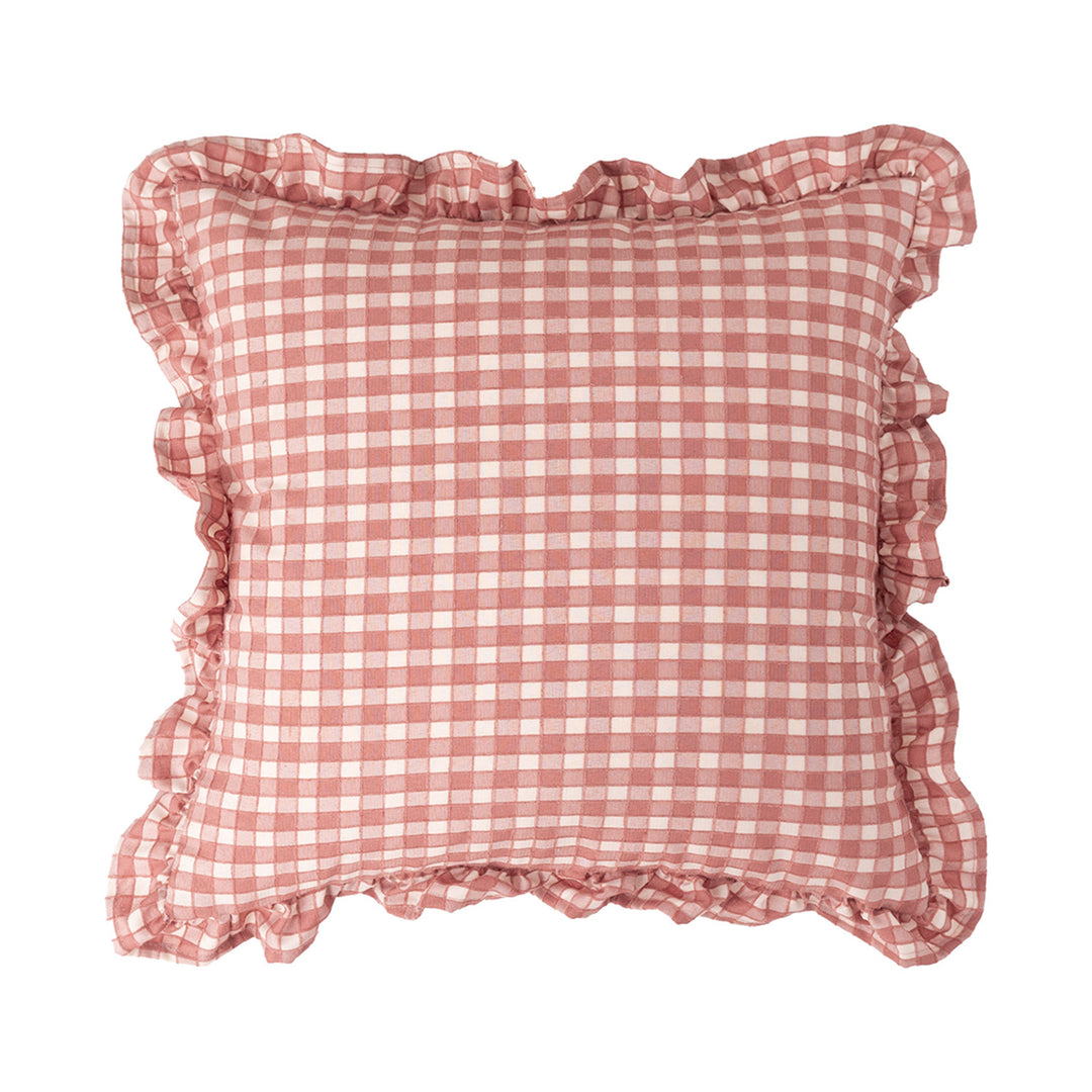 Square decorative cushion cover with ruffles and Vichy check