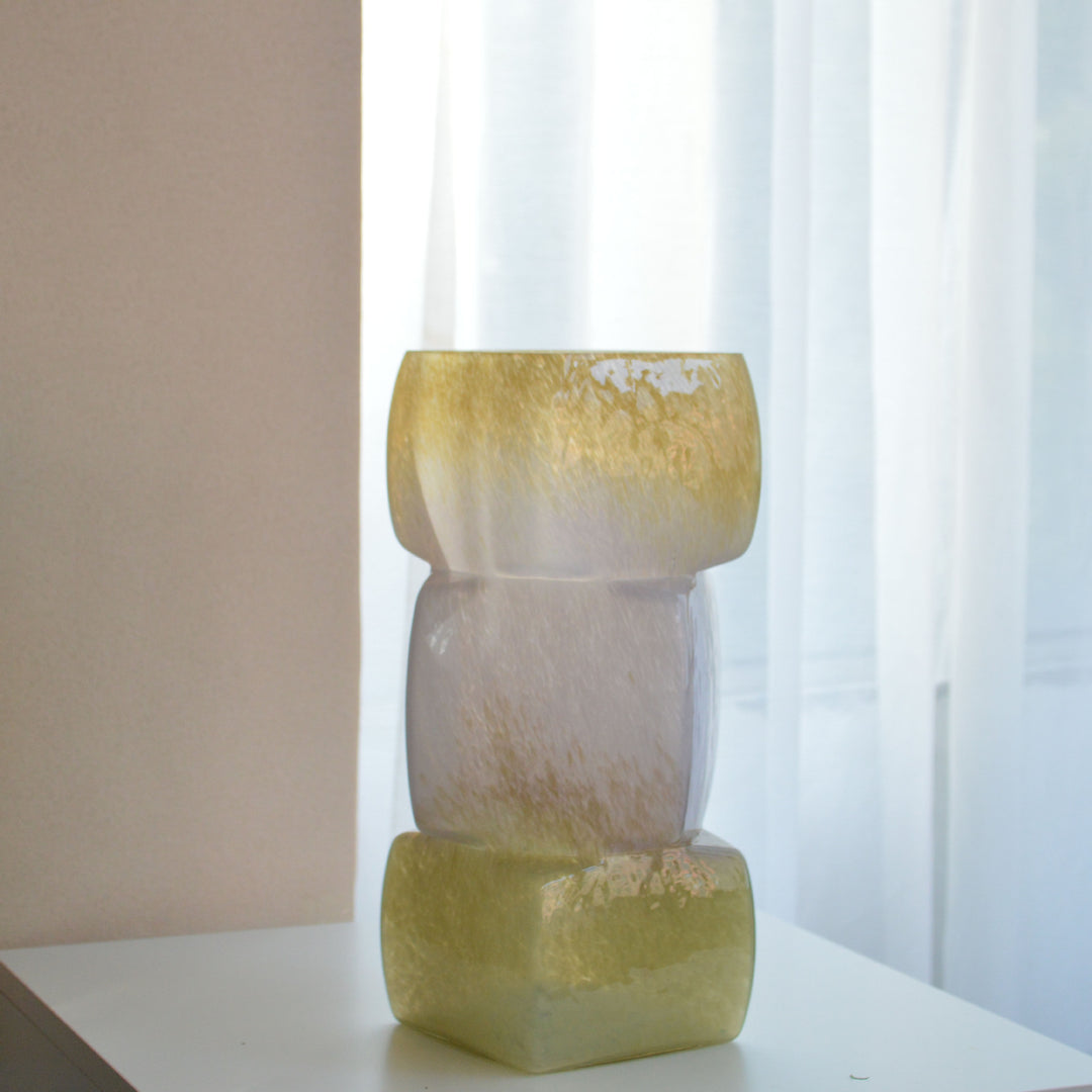 Stacked Square Art Glass Decorative Vase with Layered Blown Blocks