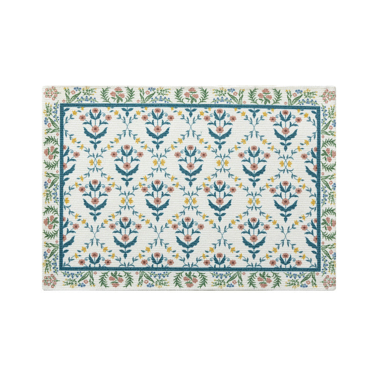 Floral woven bath mat with jacquard structure, absorbent cotton surface and non-slip underside