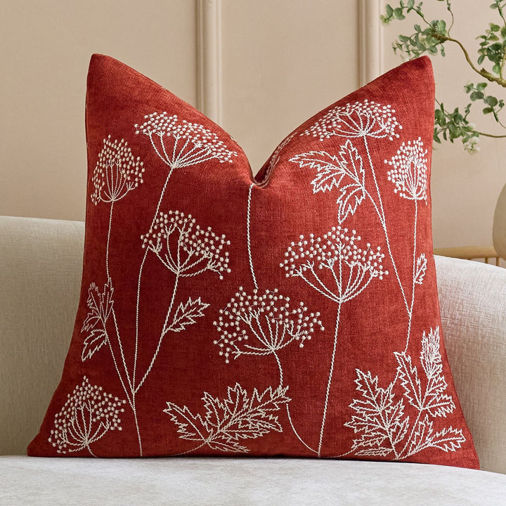 Botanical Embroidered Square Throw Pillow Cover with Linen Texture and Hidden Zipper
