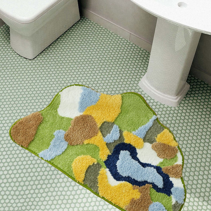 High-pile bathroom rug in organic shape with abstract textured pile