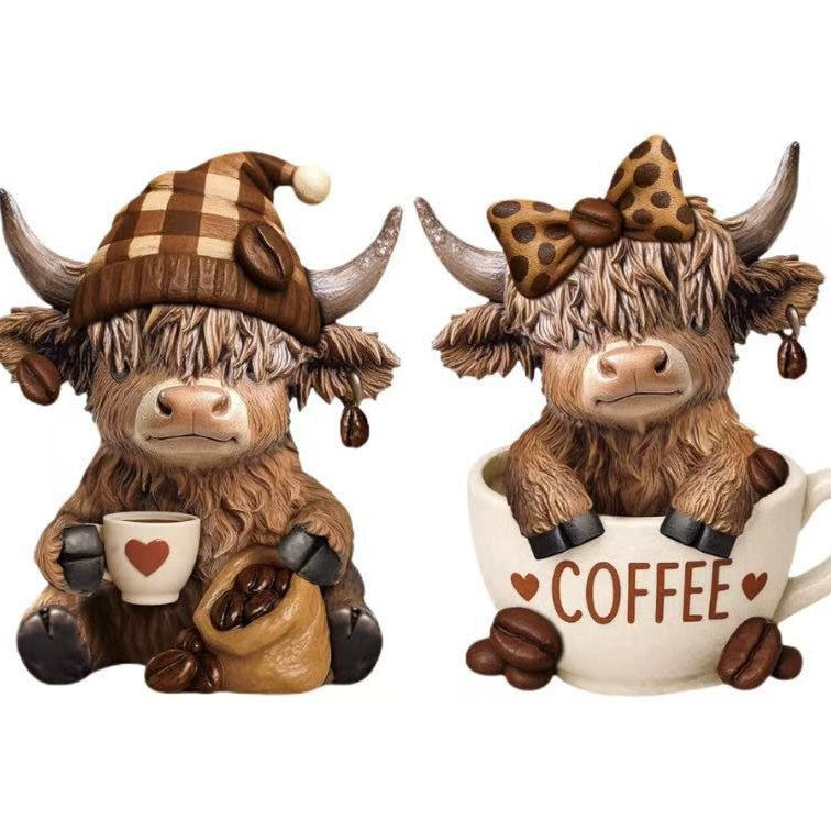 Decorative figure of a Highland cow with accessories