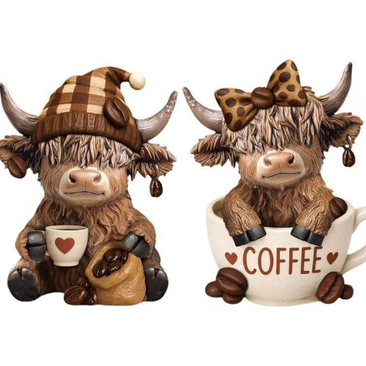 Decorative figure of a Highland cow with accessories