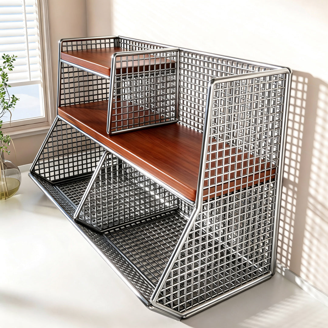 Kitchen Countertop Multi-Tier Wire Mesh Storage Organizer with Wooden Display Shelves